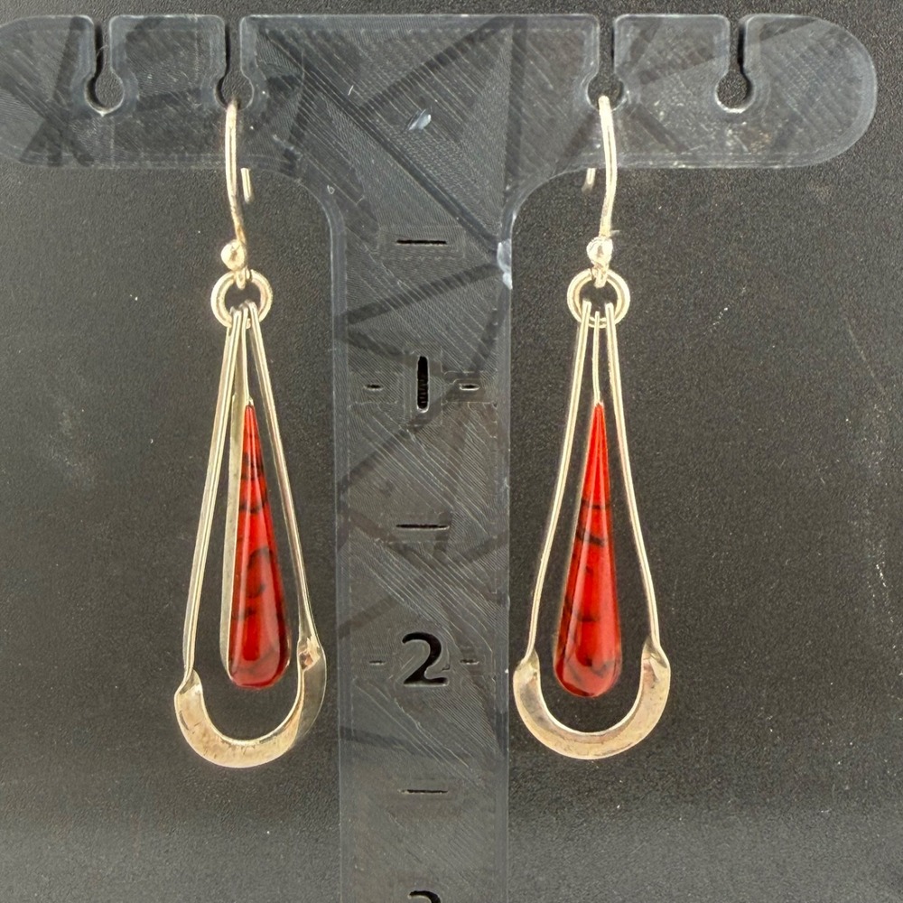 Vintage ATI Dangle Earrings Red Polished Stone Sterling Silver 925
